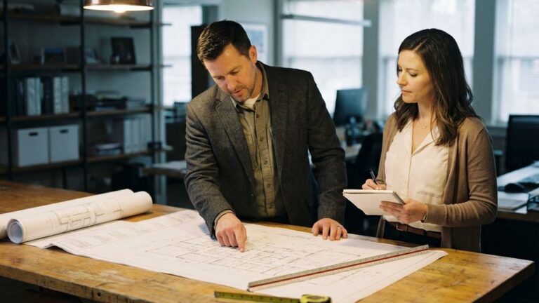 Bouwadviseur en architect bestuderen bouwplannen samen aan houten tekentafel met blauwdrukken en meetgereedschap