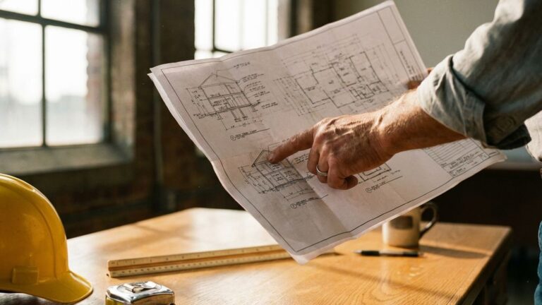 Architect wijst naar structurele details op bouwplan met helm en meetgereedschap op houten bureau in kantoor