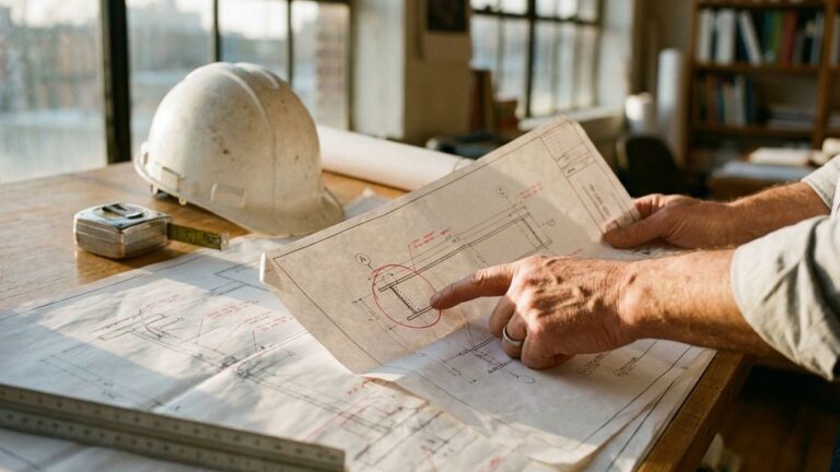 Architect wijst naar structurele elementen op blauwdruk, met helm en meetgereedschap op houten tekentafel