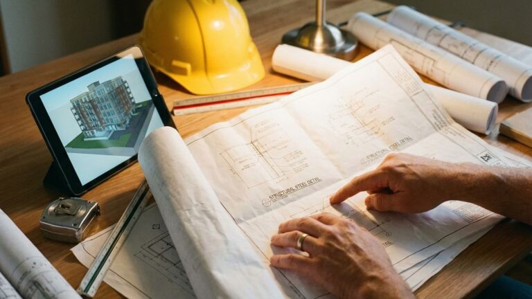 Architect wijst naar bouwdetails op blauwdruk, tablet met 3D-modellen en gele helm op bureau met technische tekeningen