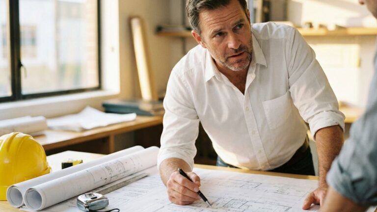 Professionele architect in wit overhemd bestudeert bouwplannen op houten bureau met gele helm en meetgereedschap