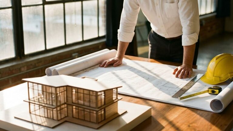 Architect bestudeert bouwplannen aan houten tafel met schaalmodel van modern huis op voorgrond in natuurlijk licht