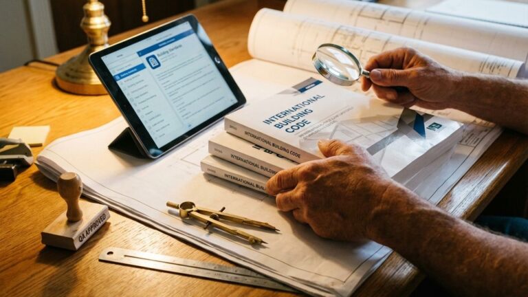 Architect houdt bouwvoorschriften vast terwijl hij blauwdrukken bekijkt op houten bureau met tablet en meetgereedschap