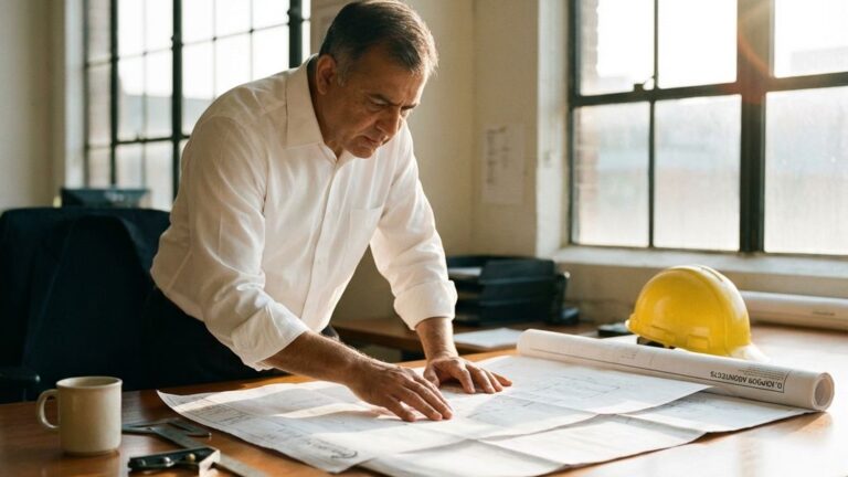 Architect bekijkt bouwplannen aan houten bureau met gele helm en meetgereedschap, natuurlijk licht door ramen