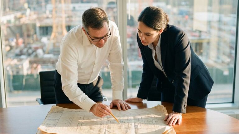 Architect in wit overhemd bespreekt bouwplannen met projectmanager aan vergadertafel in modern kantoor