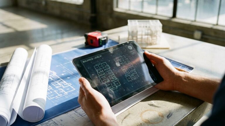 Architect houdt digitale tablet met bouwschema's vast boven papieren blauwdrukken op bureau met constructietools