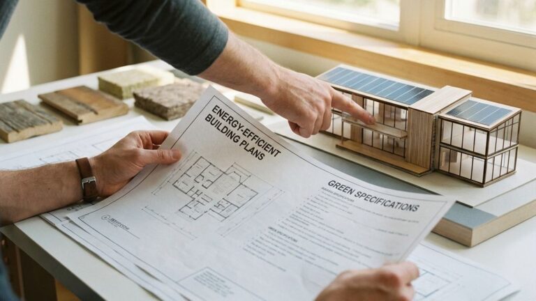 Architect houdt energiezuinige bouwplannen vast en wijst naar modern huismodel met zonnepanelen op wit bureau