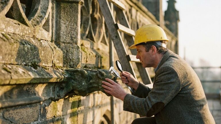 Architect met helm inspecteert historisch stenen gebouw met vergrootglas bij zonsondergang, steiger zichtbaar