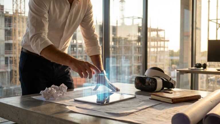 Architect bekijkt holografische bouwplannen op tablet in modern kantoor met VR-headset en papieren tekeningen op bureau