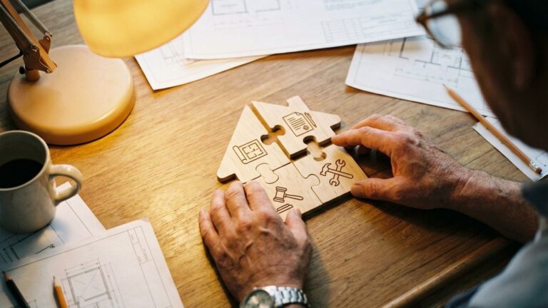 Architect voegt puzzelstukjes met bouwpictogrammen samen tot huisontwerp op tekentafel met technische tekeningen