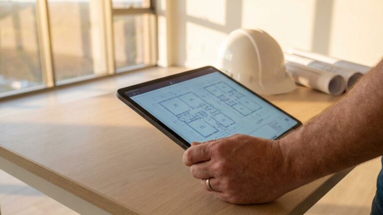 Architect bekijkt bouwplannen op tablet aan bureau met helm en papieren plannen op achtergrond
