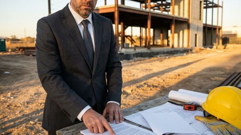 Bouwadviseur in pak bestudeert contractdocumenten naast bouwconstructie met gereedschap op tafel