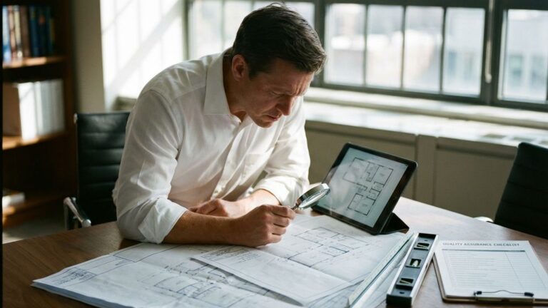 Bouwconsultant bestudeert architecturale tekeningen en bouwschema's op tablet aan houten bureau met meetgereedschap