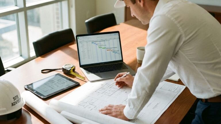 Bouwadviseur in veiligheidshelm bestudeert blauwdrukken en projectplanningen op laptop aan moderne vergadertafel