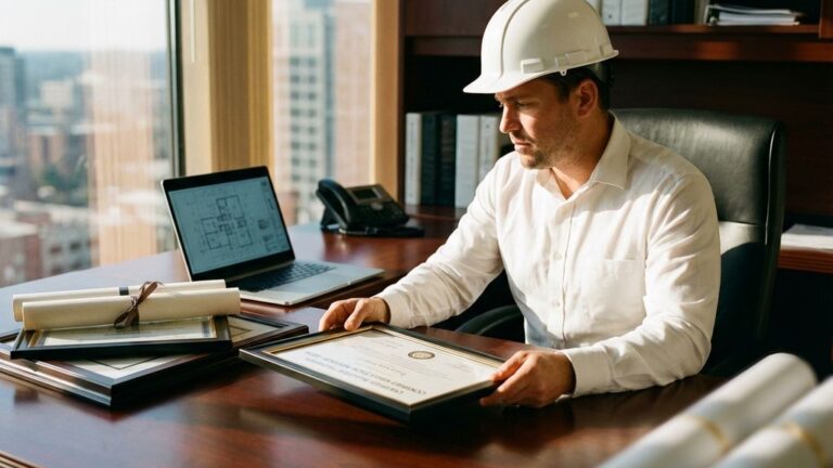 Bouwadviseur in witte shirt en helm bekijkt certificaat aan bureau met diploma's en laptop met blauwdrukken