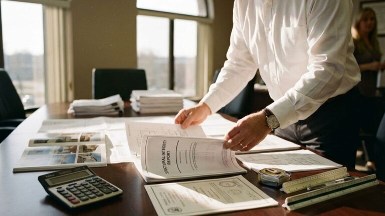 Bouwconsultant bekijkt aannemerportfolio's en certificaten op vergadertafel met rekenmachine en meetgereedschap