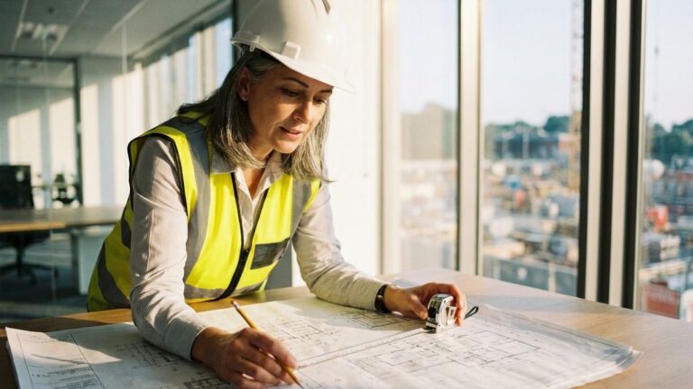 Bouwconsultant in witte helm bestudeert bouwplannen op houten tafel met meetlint, kantoor met bouwplaats op achtergrond