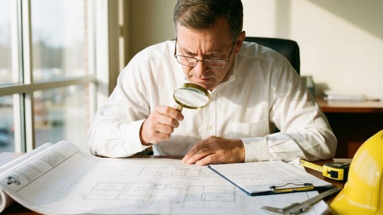 Bouwconsulent onderzoekt architecturale blauwdrukken met vergrootglas op houten bureau met helm en meetgereedschap