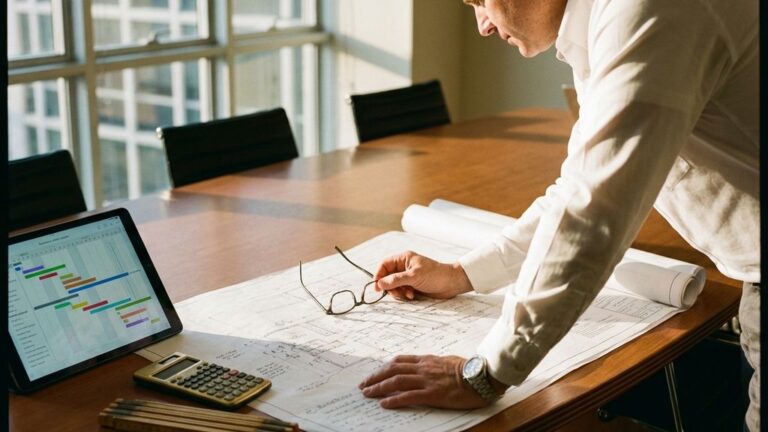 Bouwconsultant bestudeert architecturale blauwdrukken aan conferentietafel met tablet, rekenmachine en meetgereedschap