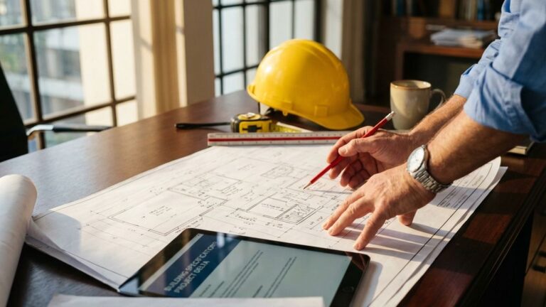 Bouwconsultant bestudeert architecturale blauwdrukken op houten bureau met tablet, helm en meetgereedschap