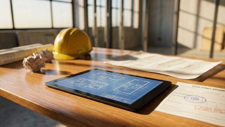 Digitale tablet met architecturale blauwdrukken op houten bureau in modern bouwplaats kantoor met gele helm