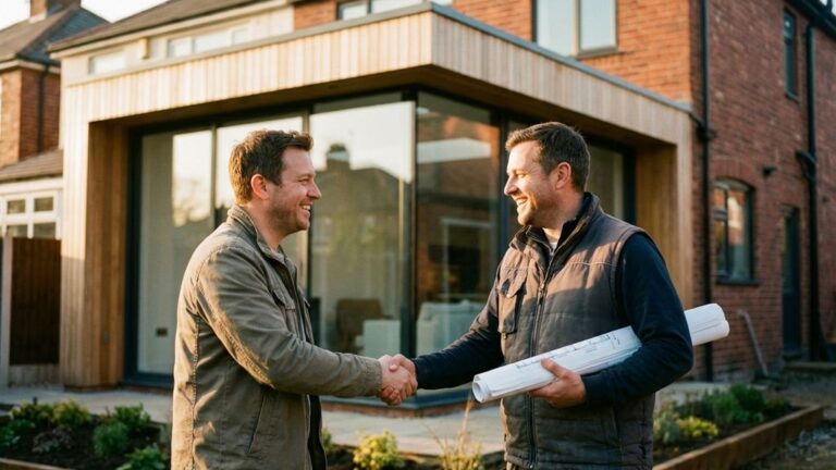Huiseigenaar en bouwadviseur schudden handen voor voltooide moderne aanbouw aan bakstenen woning